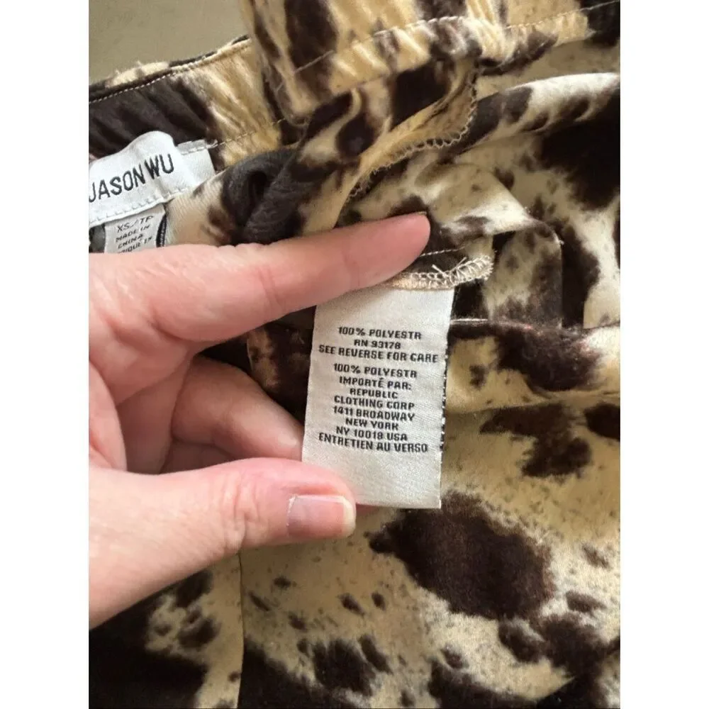JASON WU Satin Cowhide Print Midi Skirt Elastic Waist Pull On A-Line XS